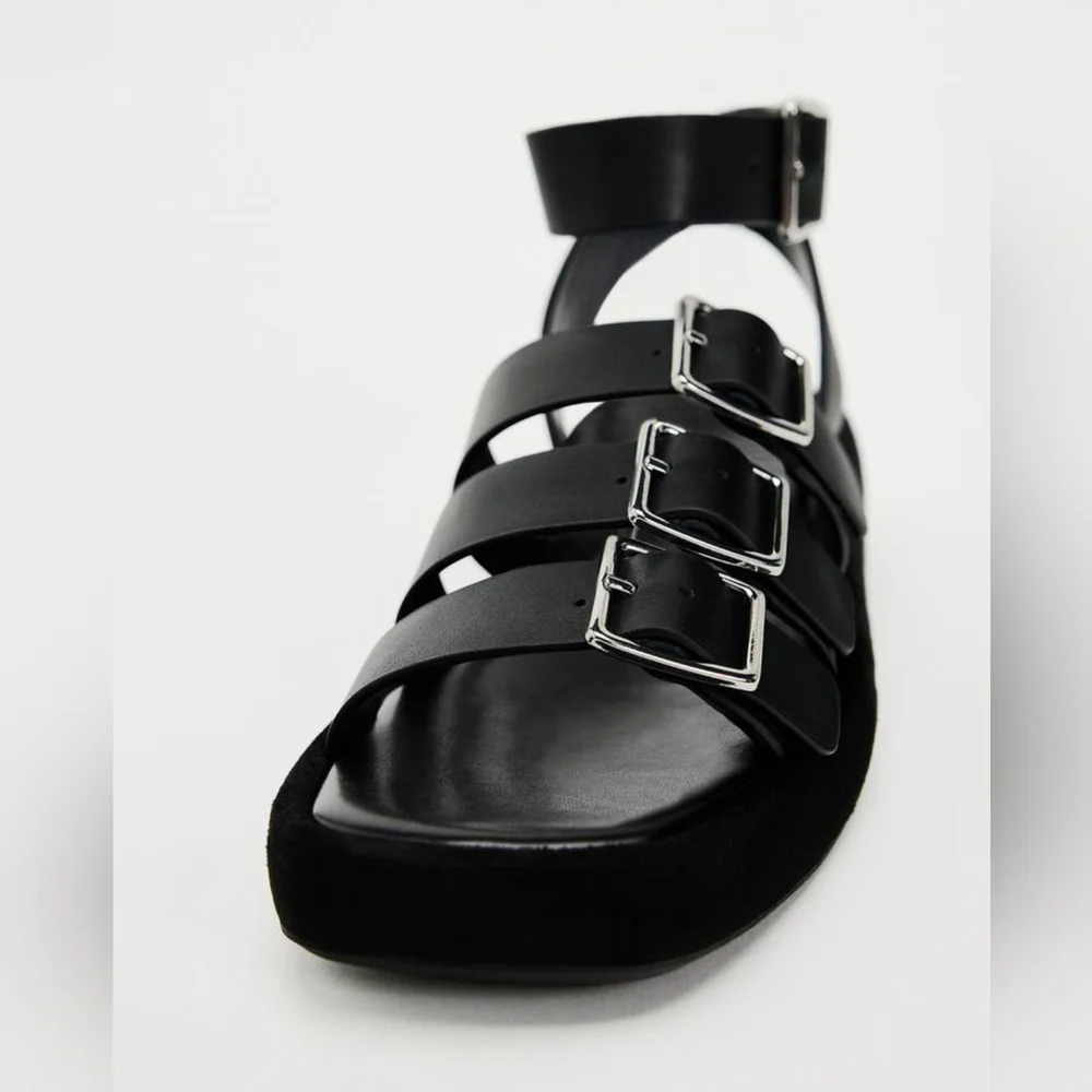 ZARA BUCKLED STRAP LEATHER PLATFORM SANDALS